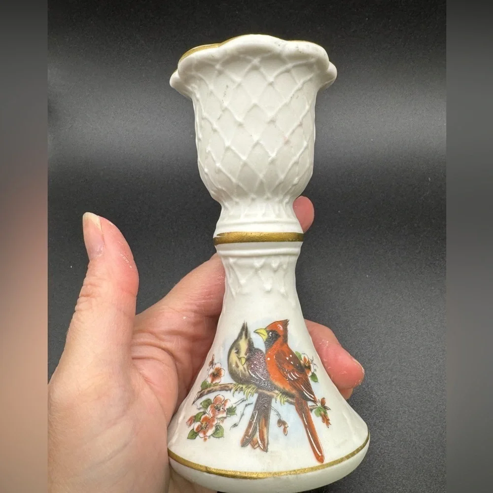 Set of 2 Vintage Bisque Porcelain Cardinal Candle Holders